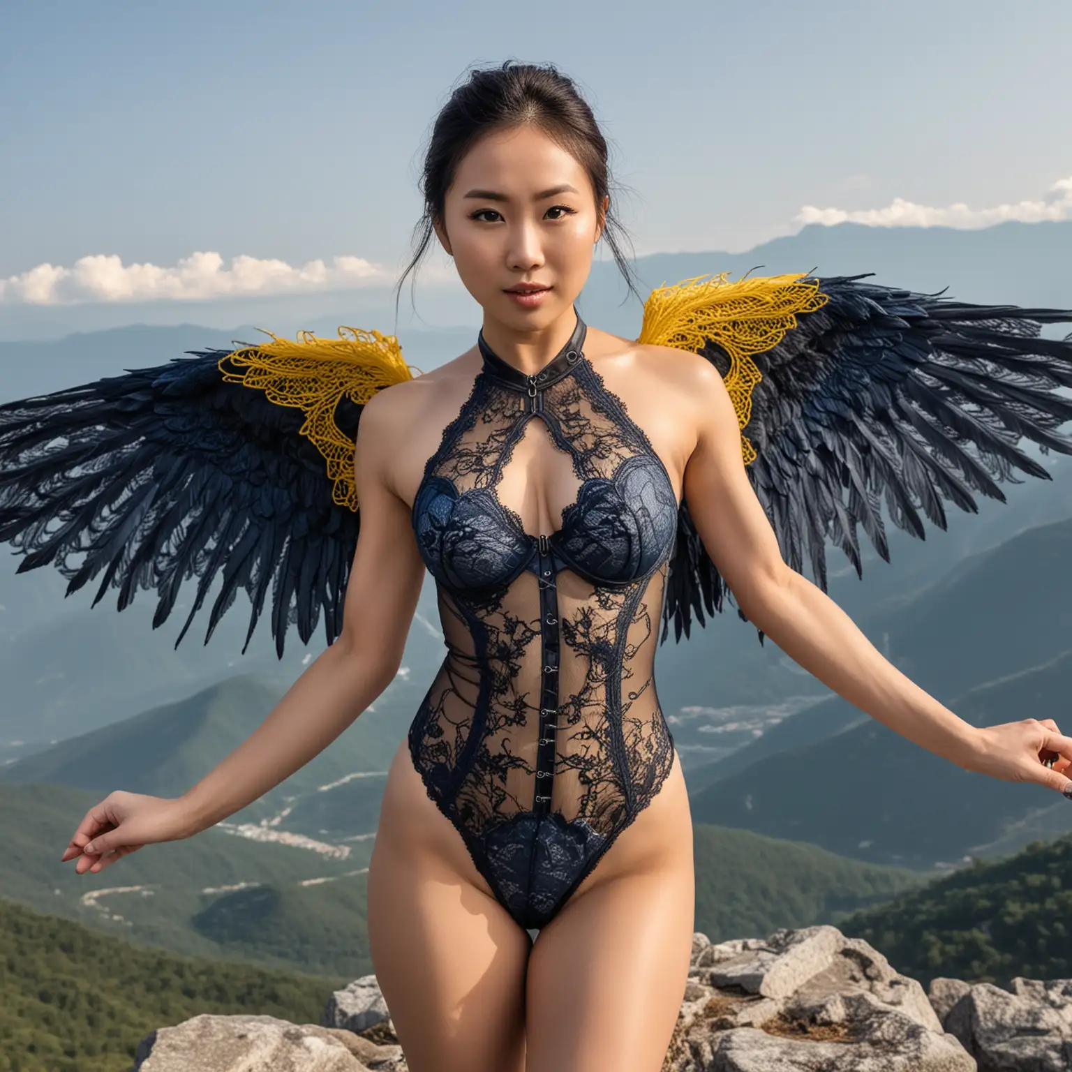 Asian Woman Dominatrix with Wings Flexing Muscles atop Mountain Peak in Blue and Yellow Swimsuit