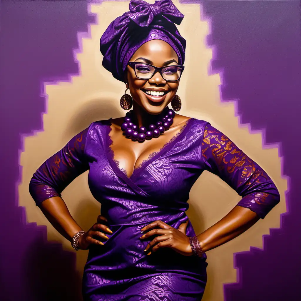 create an oil painting of a beautiful caramel African with heavy size body woman wearing purple modesty African lace print and head wrap smiling with  confident and  she is wearing luxury glasses and in standing position she is wearing high heels