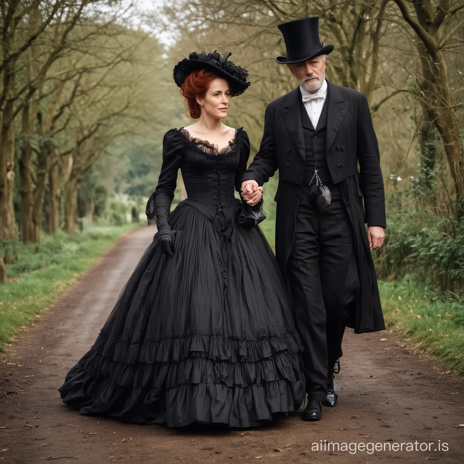 red hair Gillian Anderson wearing a dark crimson floor-length loose billowing 1860 Victorian crinoline poofy dress with a frilly bonnet walking hand in hand with an old man dressed into a black Victorian suit who seems to be her newlywed husband