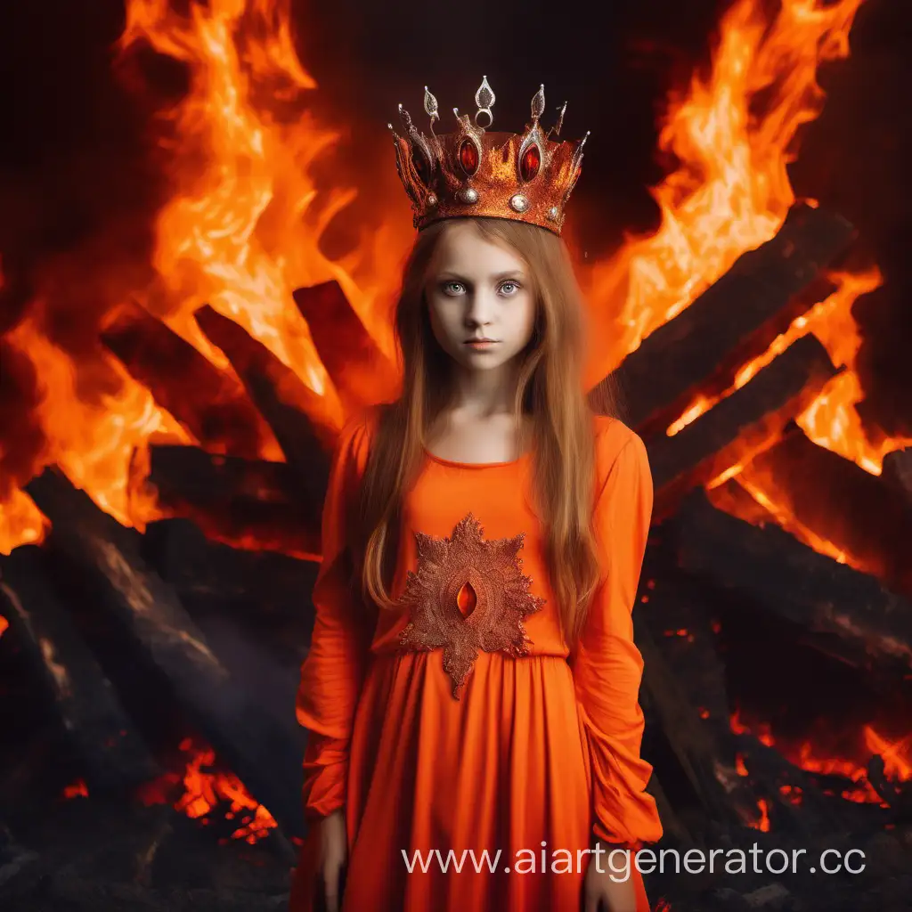 Девочка в образе стихии огня, в красивом длинном оранжевом платье, большие красные глаза, корона на голове, на фоне огонь