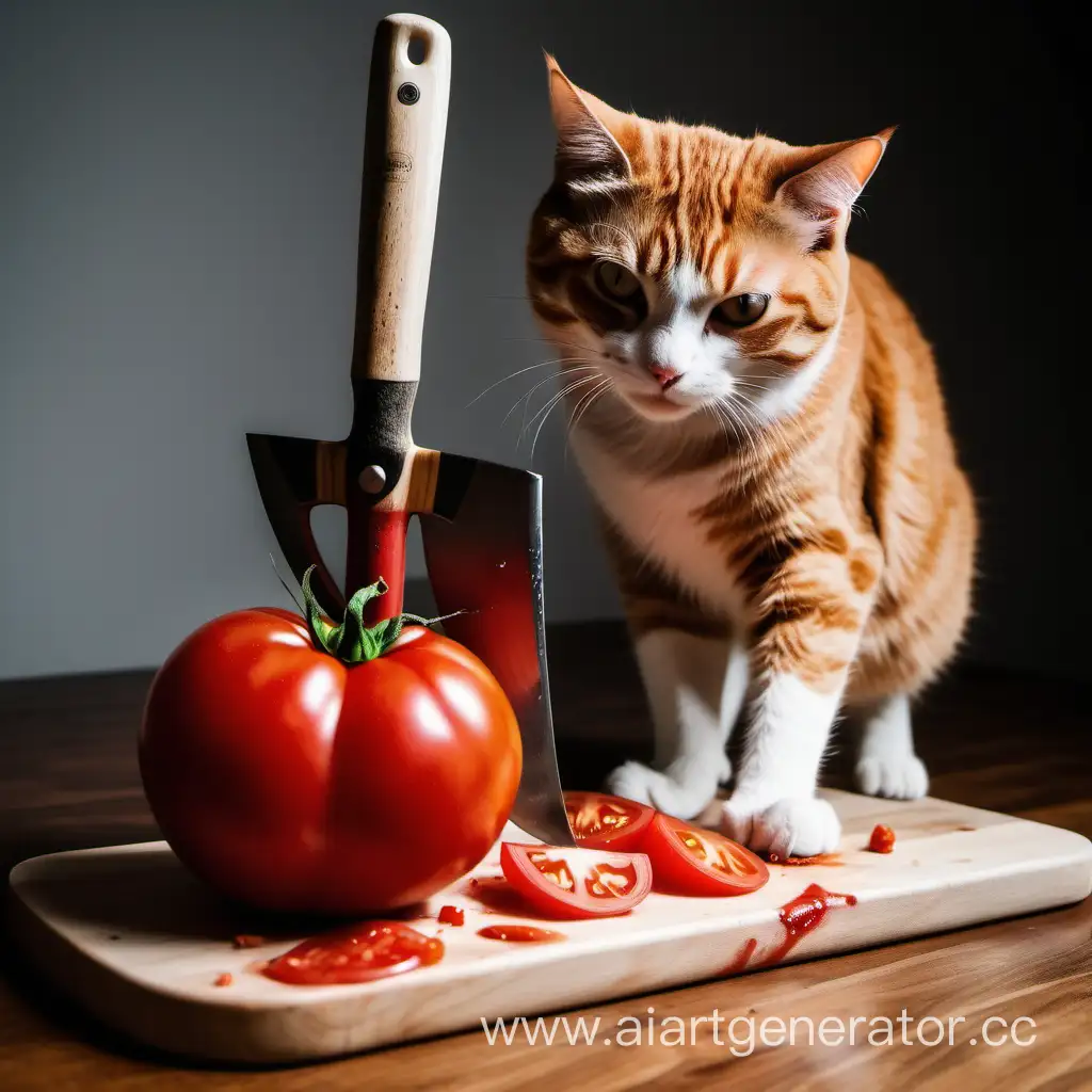 Кот злобно рубит помидор топором