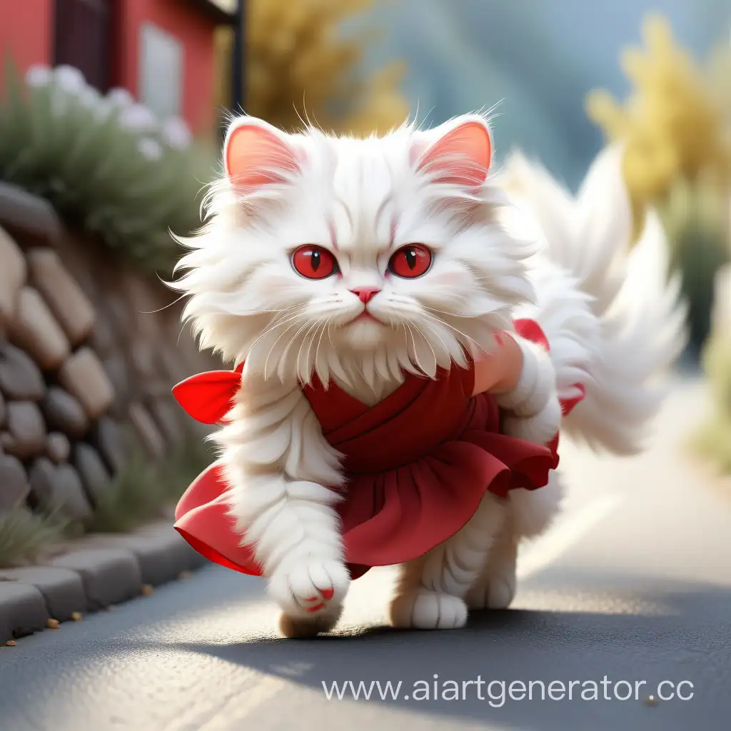 создай изображение маленькая белая пушистая кошка с нарядом красной платья идет по дороге
