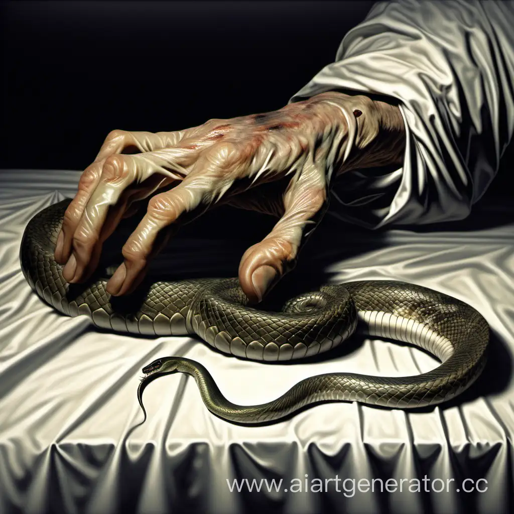 рука человека который лежит в морге, руку обвила змея, реализм