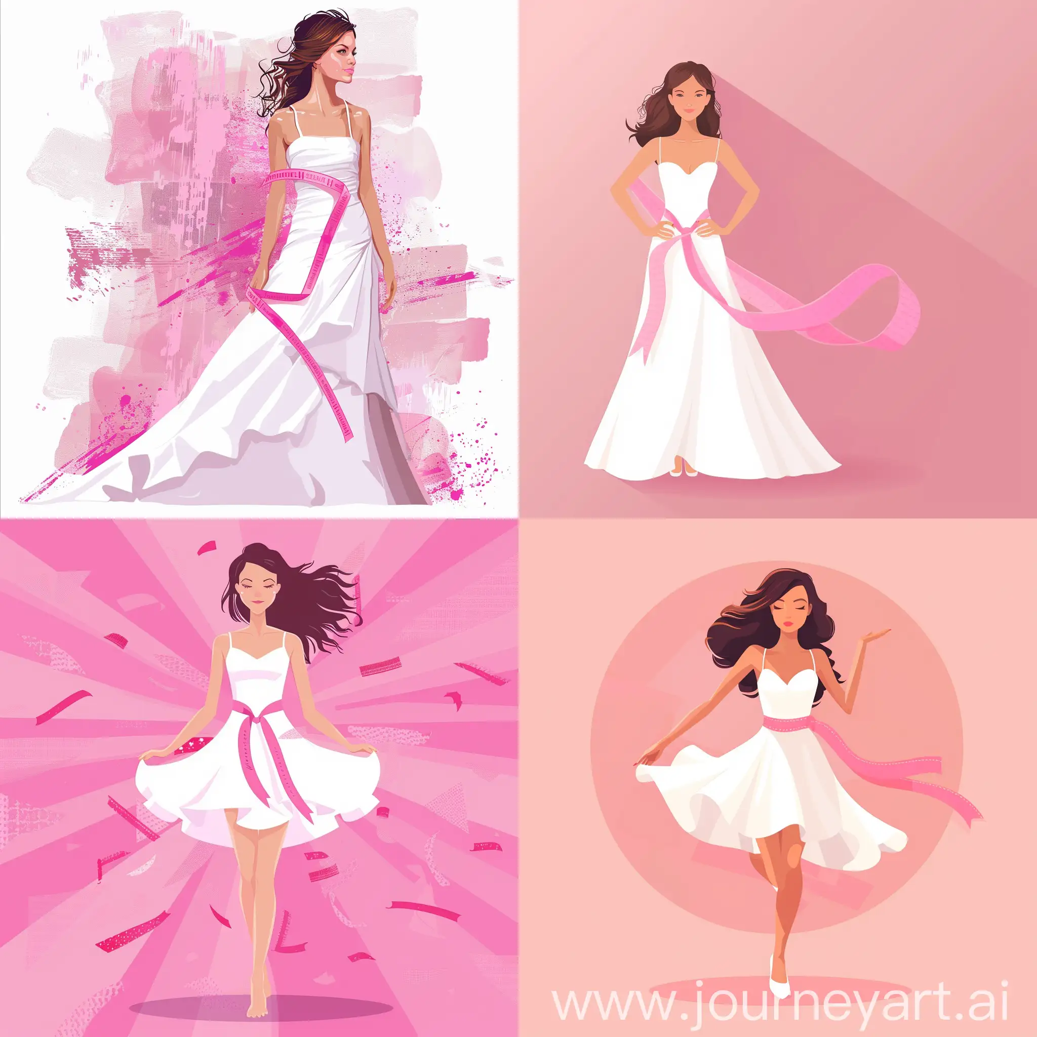 vector illustration, minimalism, a beautiful girl in a white dress with a pink ribbon - a sign of victory over breast cancer, illustration of pink shades

