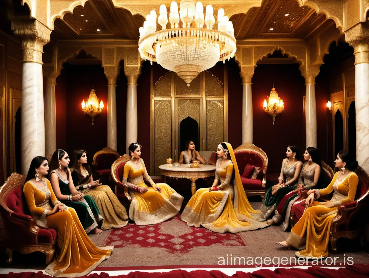 A royal courtesan palace in Pakistan with opulent colors of gold and silver, royal courtroom, velvet pillows and Indian courtesans talking to each other wearing a golden colored dress and heavy jewellery