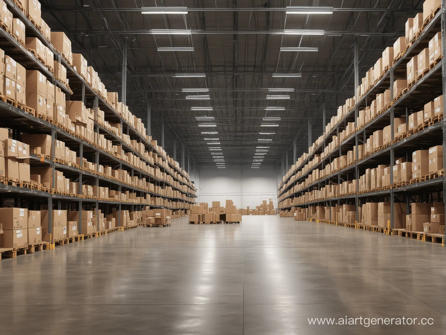 The photo is 100% realistic. A large and bright warehouse with boxes. Long aisles between the shelves.