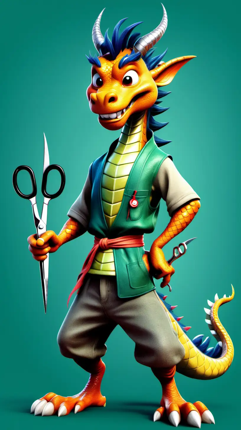 Un personnage dragon asiatique qui est paysagiste avec sa tenue et une paire de ciseaux dans la main en mode dessin animé disney pour enfant