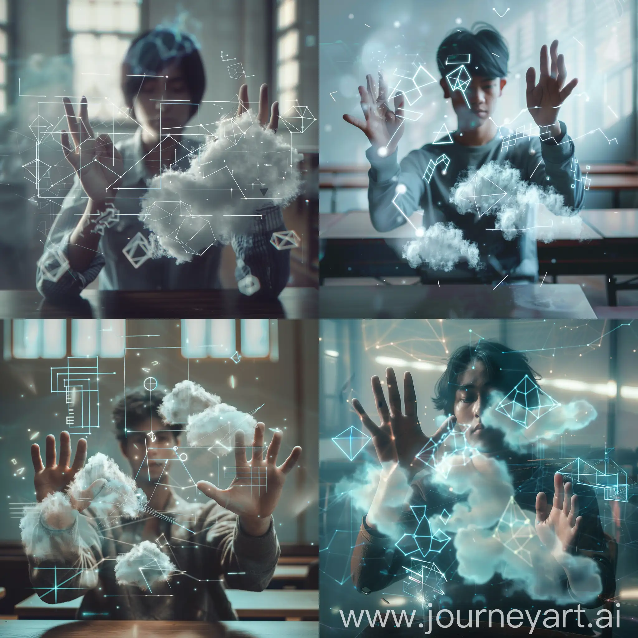 Hyper realistic photo of A person sitting in front of the camera hands raised, with  fuzzy cloud like shapes hovering, their hand over the shape, in an educational environment, engaging with a mid-air haptic interface. The image focuses on their upper body and hands as they interact with invisible virtual geometric shapes and mathematical figures, which are indicated by their focused gaze and hand movements in the empty space in front of them. The person is surrounded by a futuristic classroom setting, illuminated with soft, ambient lighting. The scene captures the essence of innovative learning, showcasing how technology enables interaction with digital content without physical contact, bridging the physical and digital worlds.