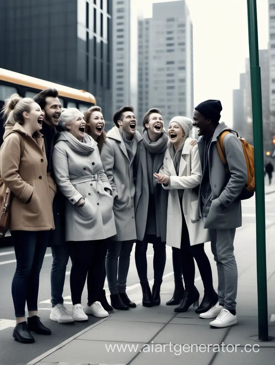 high definition digital photo, grey city buildings background,  8 white people at a bus stop, staring and laughing wide