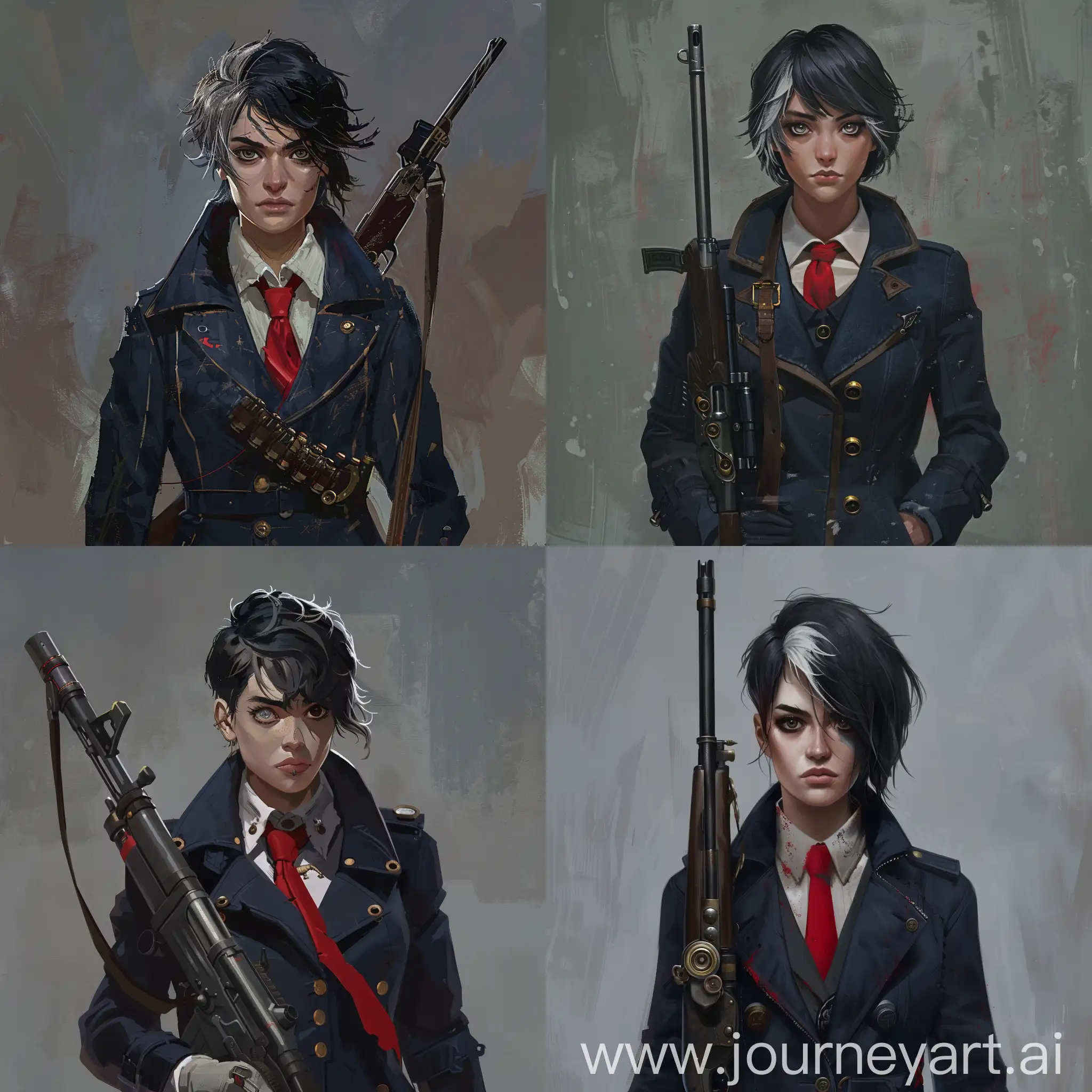 Steampunk-Strong-Woman-Inventor-with-Rifle-in-Dark-Blue-Duffle-Coat