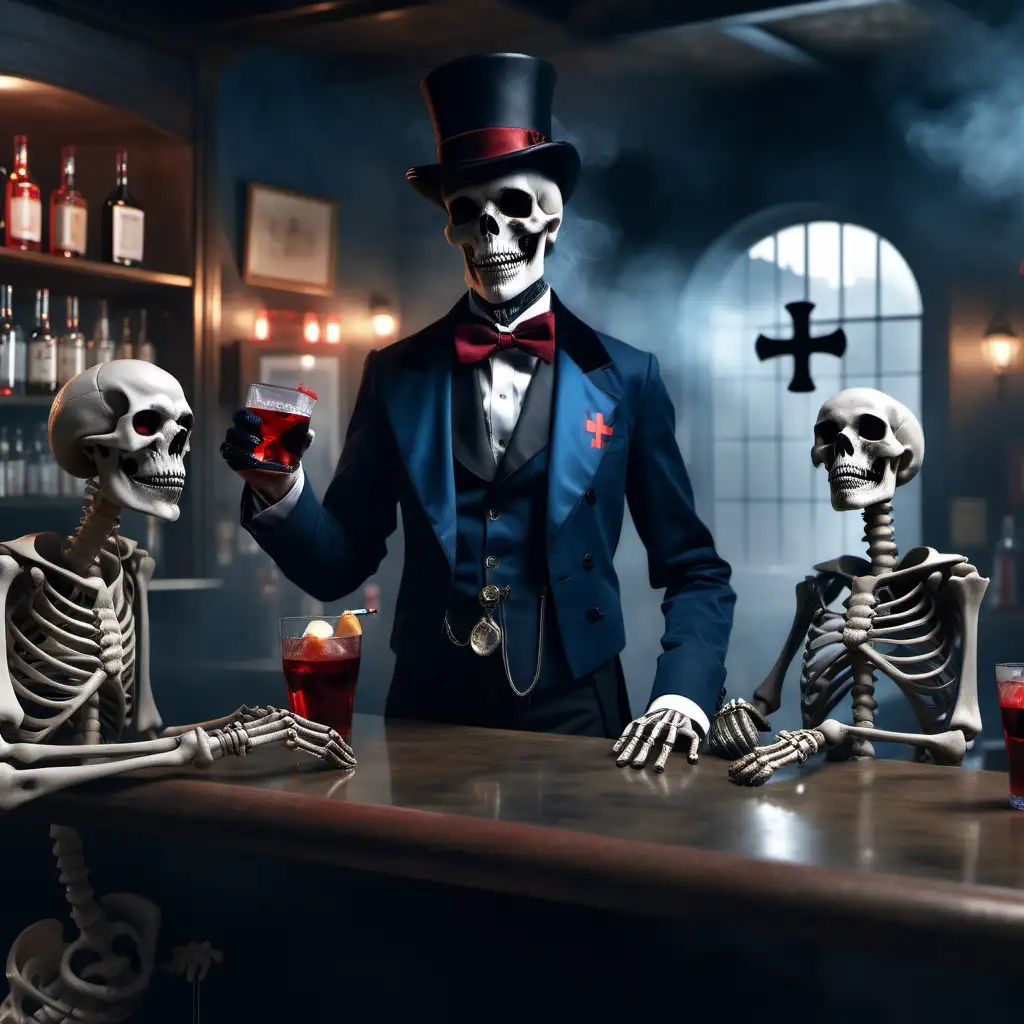 UHD, 8k, A photorealistic surrealist picture of an elegant gentleman skeleton wearing a morning suit and a black top hat with a red cross on it, blue waistcoat, smoky atmosphere, scull forms, standing at a bar, drinking with two goats friends, medical cross