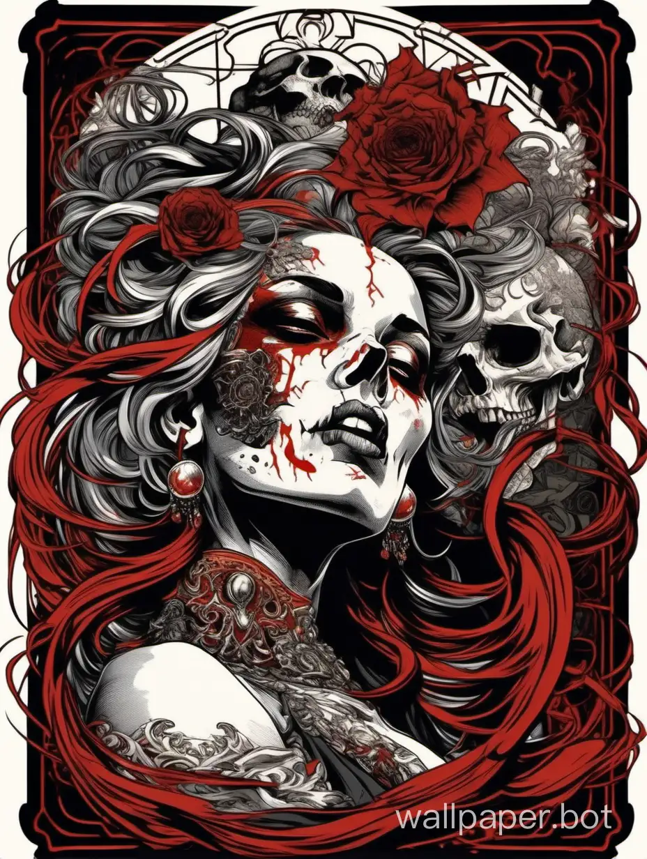 skull odalisque, sexy face, sexy open mouth with tongue, chaos ornamental, explosive hair, darkness, asymmetrical, Chinese poster, torn poster edge, Alphonse Mucha hyperdetailed, high contrast, black white dark red gray, explosive dripping colors, sticker art