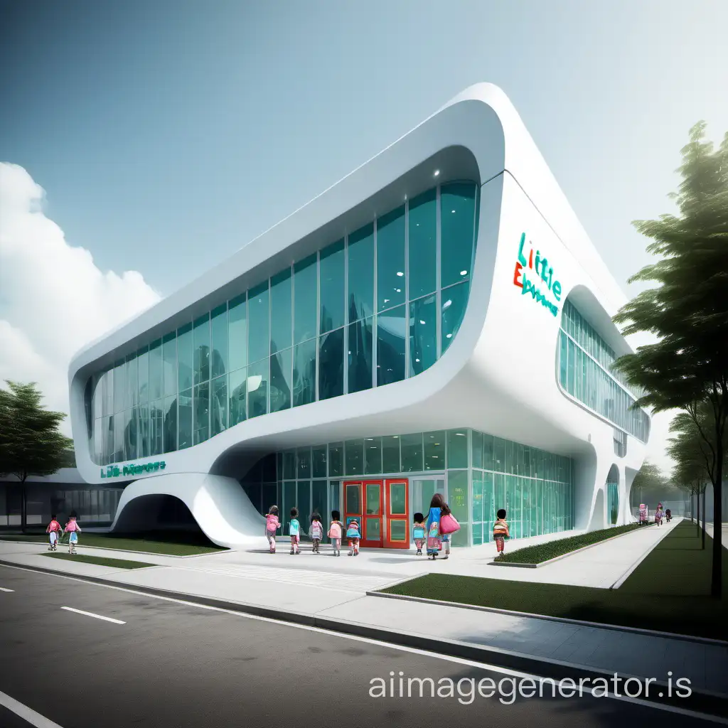 A private kindergarten named Little Explorers with a brand name on the way to enter the building. Building places 200 young children. exterior Futuristic looking 3 store building