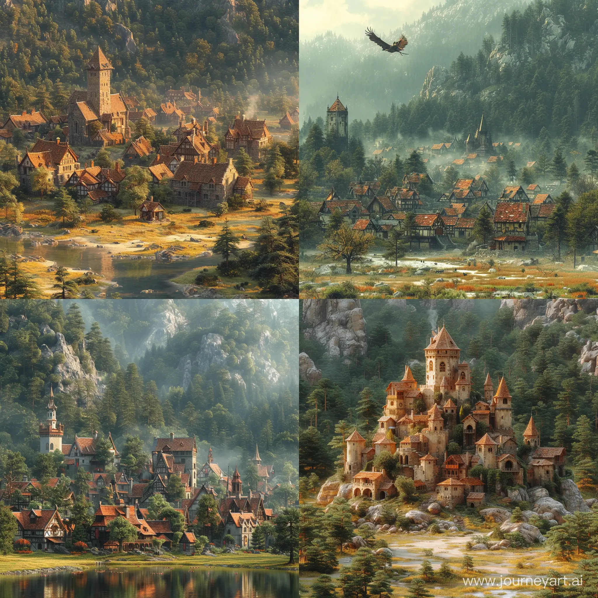 Generate an image of small medieval city, plain terrain, forest backdrop, lord of the rings, realistic, digital art, 4k, fantasy --v 6.0 --s 750