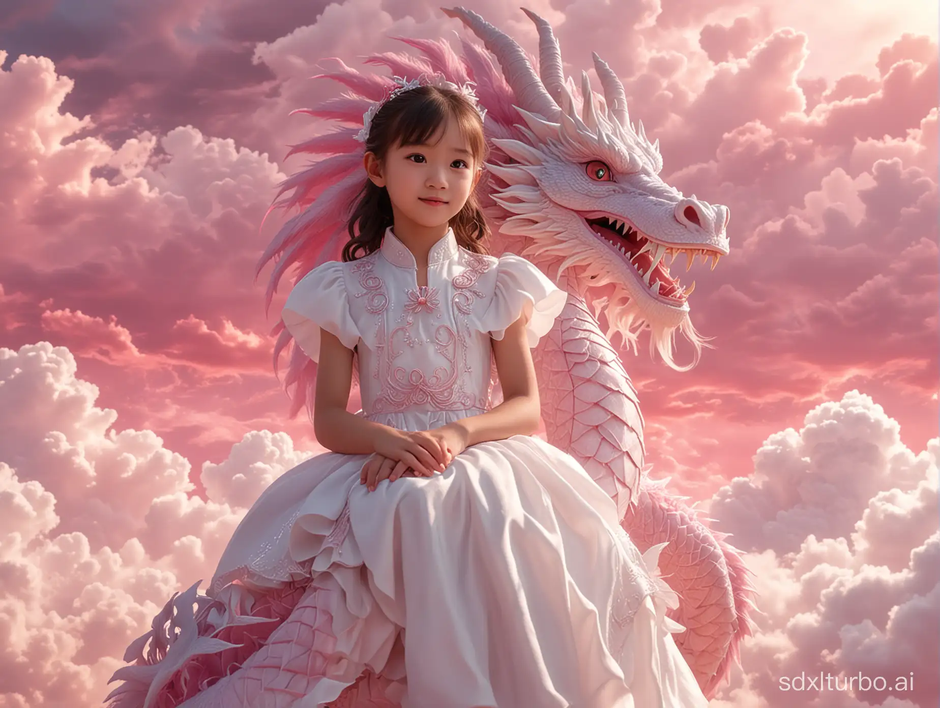 An eight-year-old girl, white dress, sitting on a pink dragon head (Chinese dragon: 1.5), close-up, flying on white clouds, half-body of the girl, portrait photography, 8k, movie lighting effects,