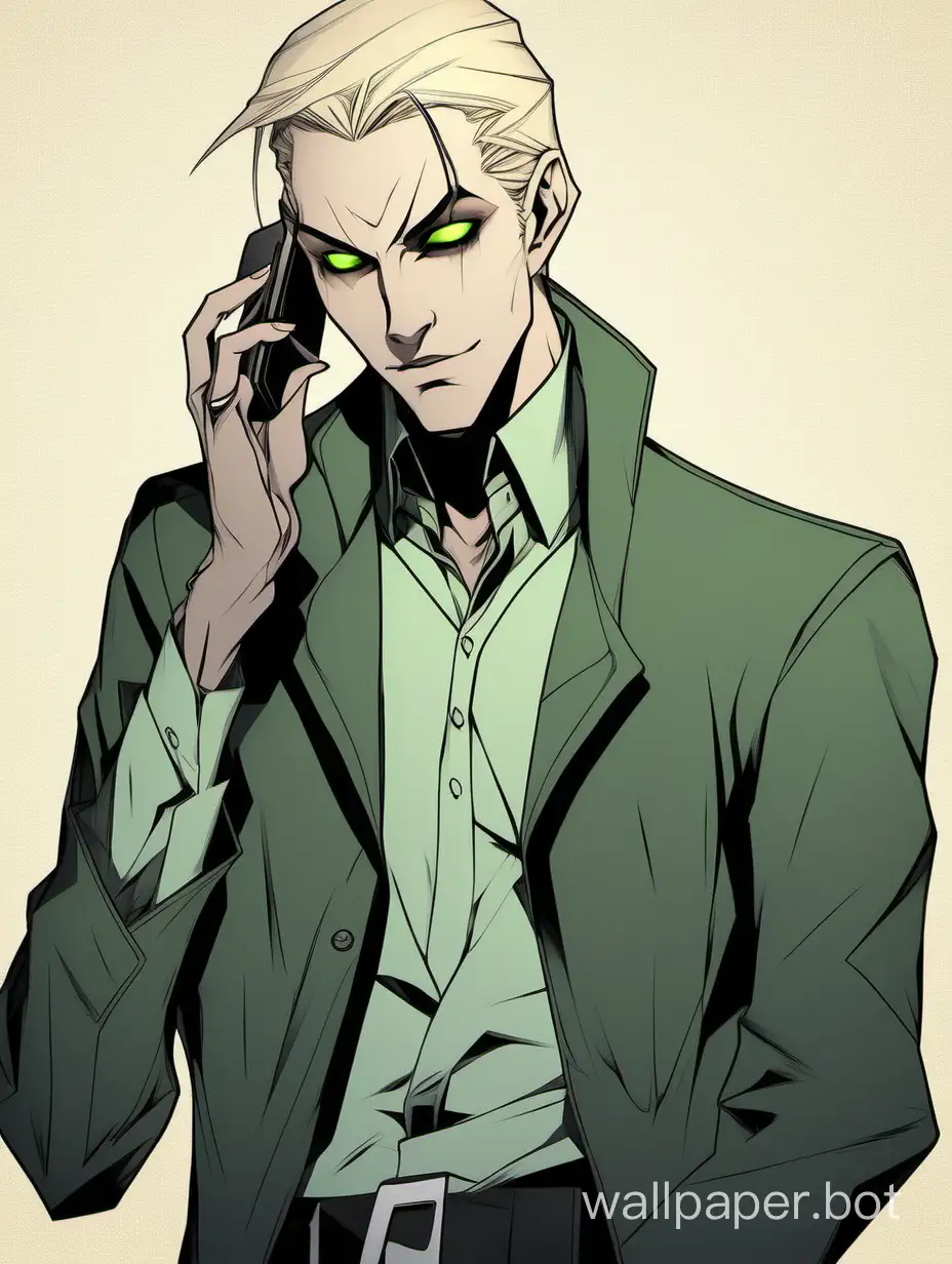 villain-coded vampire, vampiric man, tall, slender, androgynous, ash blond hair, hair length down to chin jaw, elf-like, tech wear, sadist, pale green-grey eyes, half-closed eyes, defined under eyes, angular high eyebrows, high browbone, sleek cheekbones, pale skin, pale lips, long angular face, pronounced frontal process of maxilla, mechanist, mechanic, inventor, engineer, pointed ears, smooth chin, long sharp straight nose, young adult, modern, grunge, charming, naughty, looking at cellphone, lithe