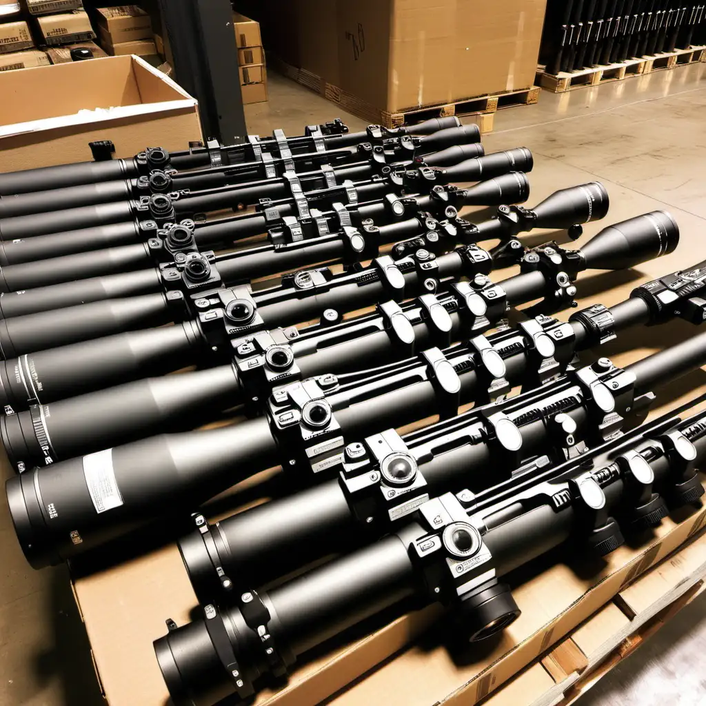 Fifteen Schmidt Bender PM II 5 Riflescopes Arranged in a Warehouse