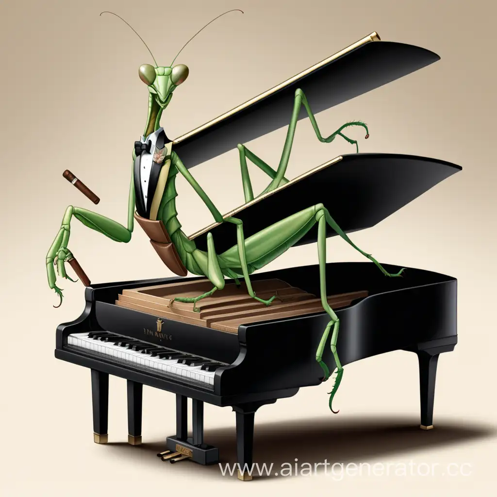 Dapper-Praying-Mantis-Playing-a-Piano-with-Cigar-in-Mouth