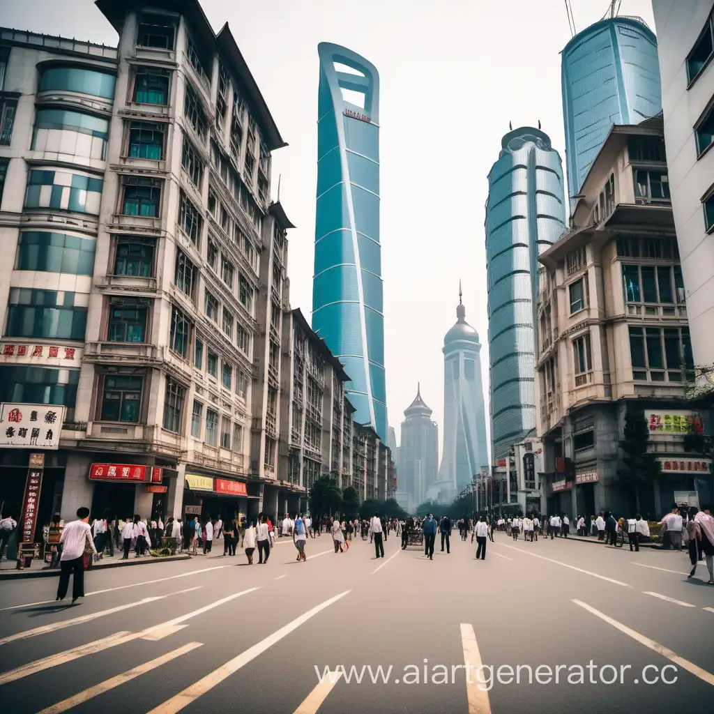 Downtown Shanghai with people on the street, first person view