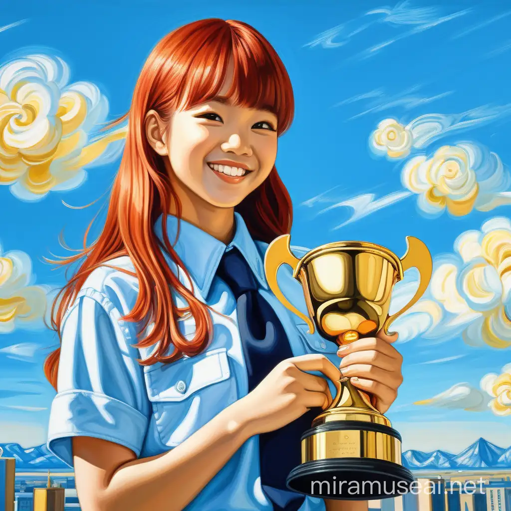 One cute Asian young adult, red hair, wearing Britney spears's inspired outfits, she is holding a golden trophy, the expression is smile, she is an ENFP so make sure able to express her cheerful attitude. The background is inside minimalistic office, make sure there is a contrasting blue sky, summer. Landscape. Best quality. The painting looks like created by Van Gogh style.

