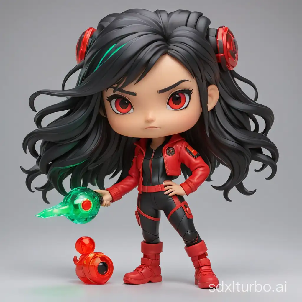 Funko pop ecogirl figurine, Long black hair, hair clothed in a red leather tracksuit with futuristic tech gear, neon red eyes, emerald flame in her hand. Made of plastic, product studio shot, on a white background, diffused lighting, centered