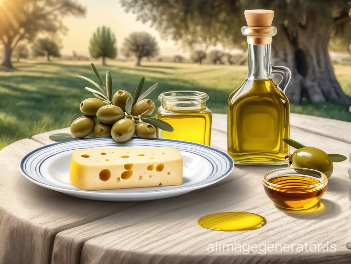 Generate rectangle image in pencil art style featuring a plate with olive cheese ,olive oil and honey bottle  , placed on a table with the shade of a tree.