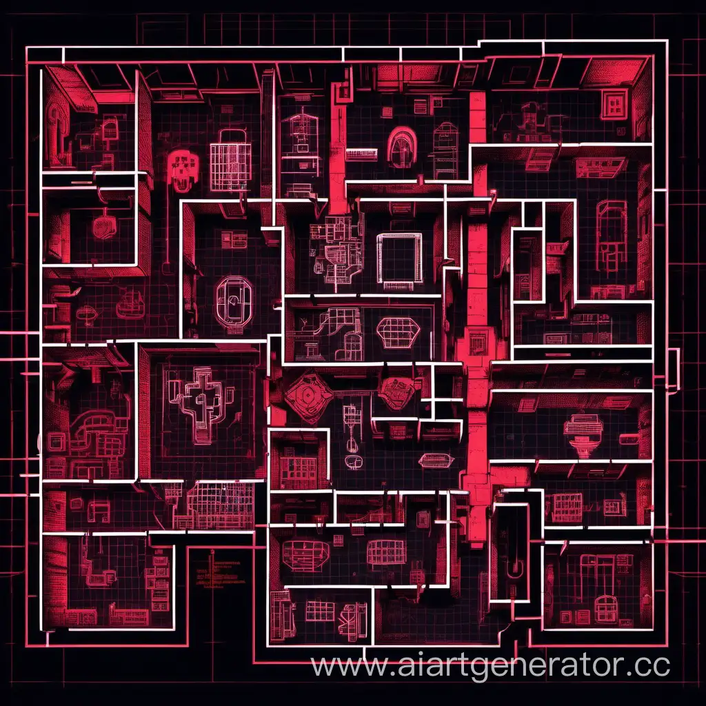 Cyberpunk-Dungeon-Map-with-Striking-Black-White-and-Red-Aesthetics