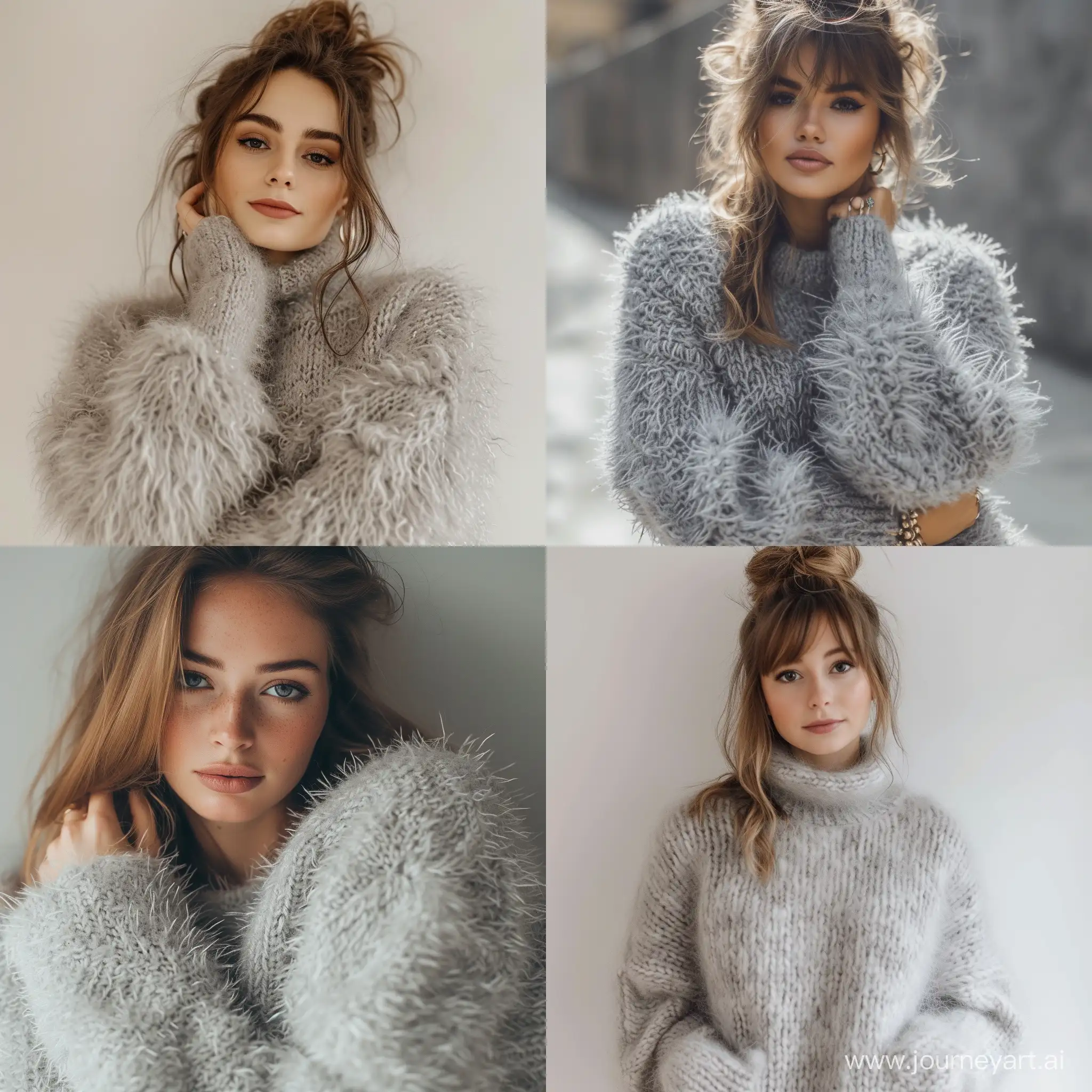 grey chunky knite mohair fluffy sweater outfit sleaves light grey young pretty woman, like in pinterest style