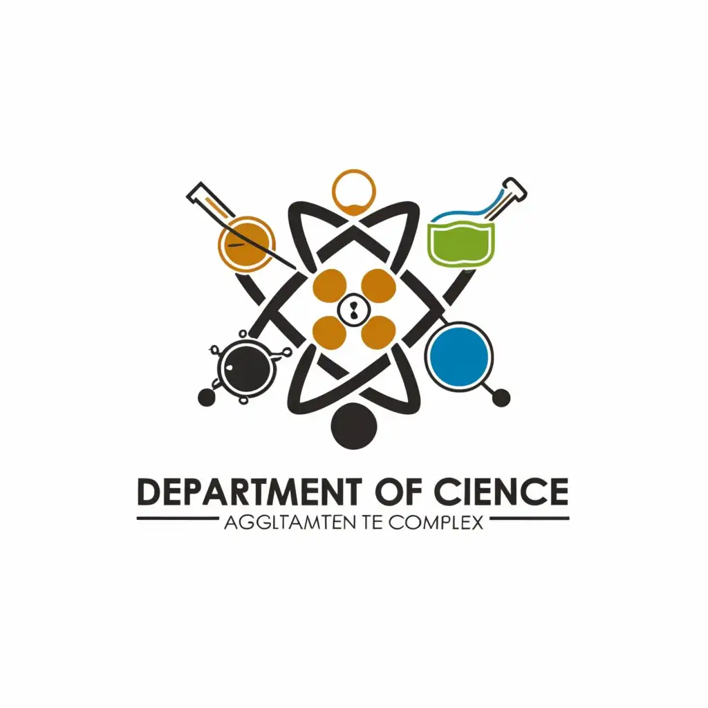 a logo design,with the text "Department of Science", main symbol:Atom, cell, pendulum, telescope, testtube,complex,be used in Education industry,clear background