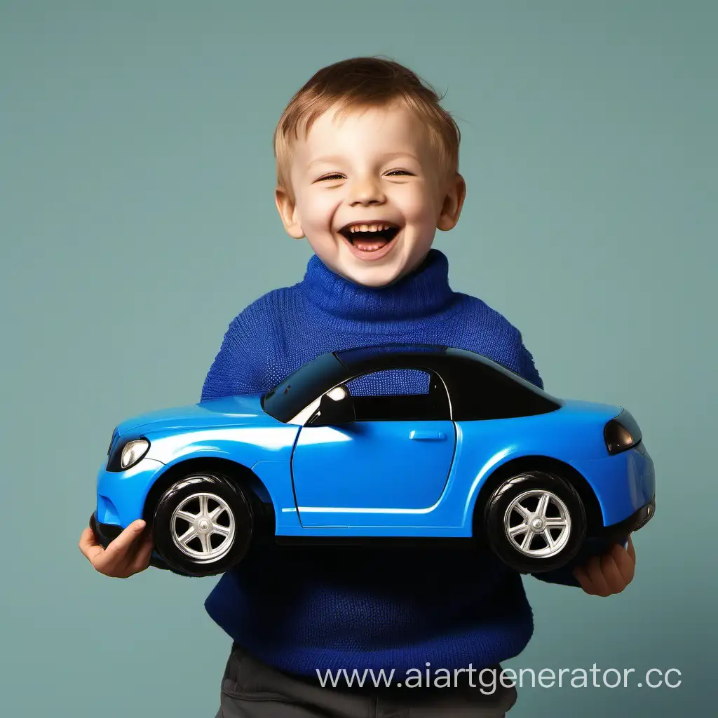a happy boy with a black big toy car and he has got blue jumper