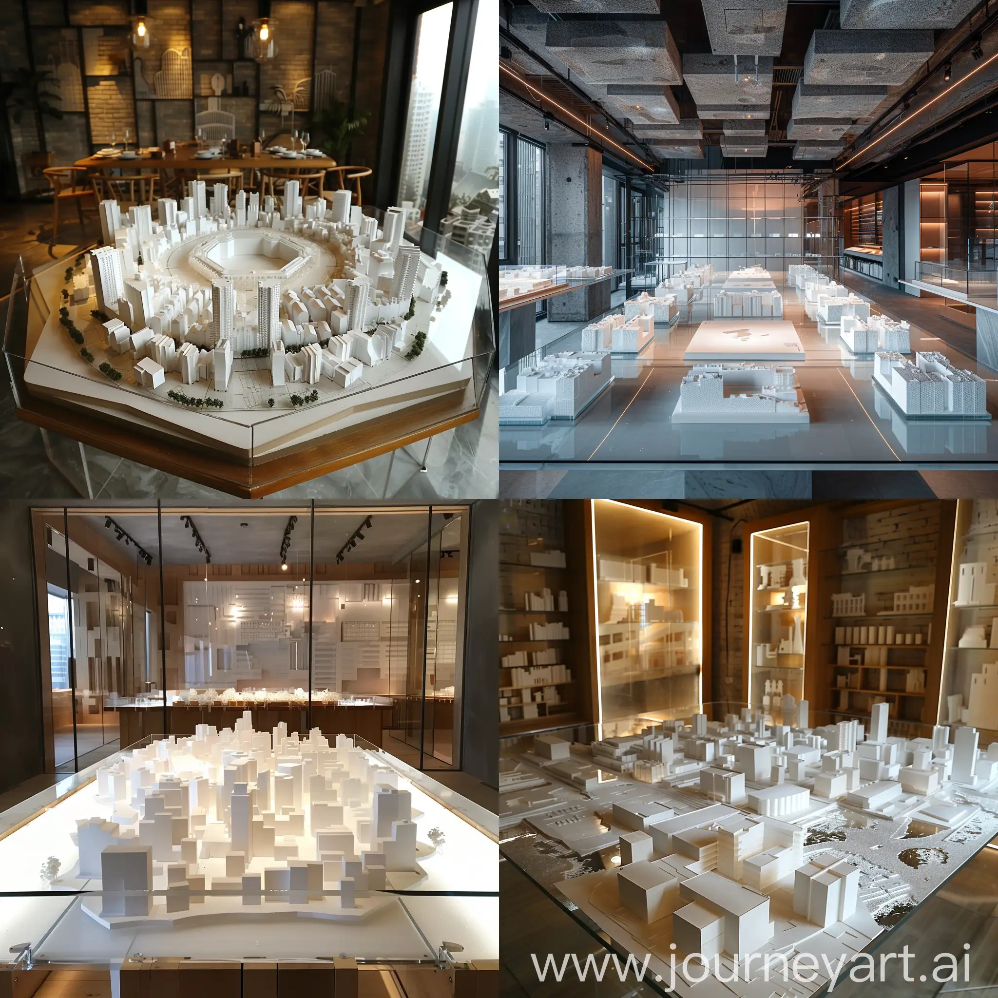 inside of the 70 squad meter room with big table center of it with white urban scale model (maket) surrounded with glass for the table surface , design interior of room so modern and avengard