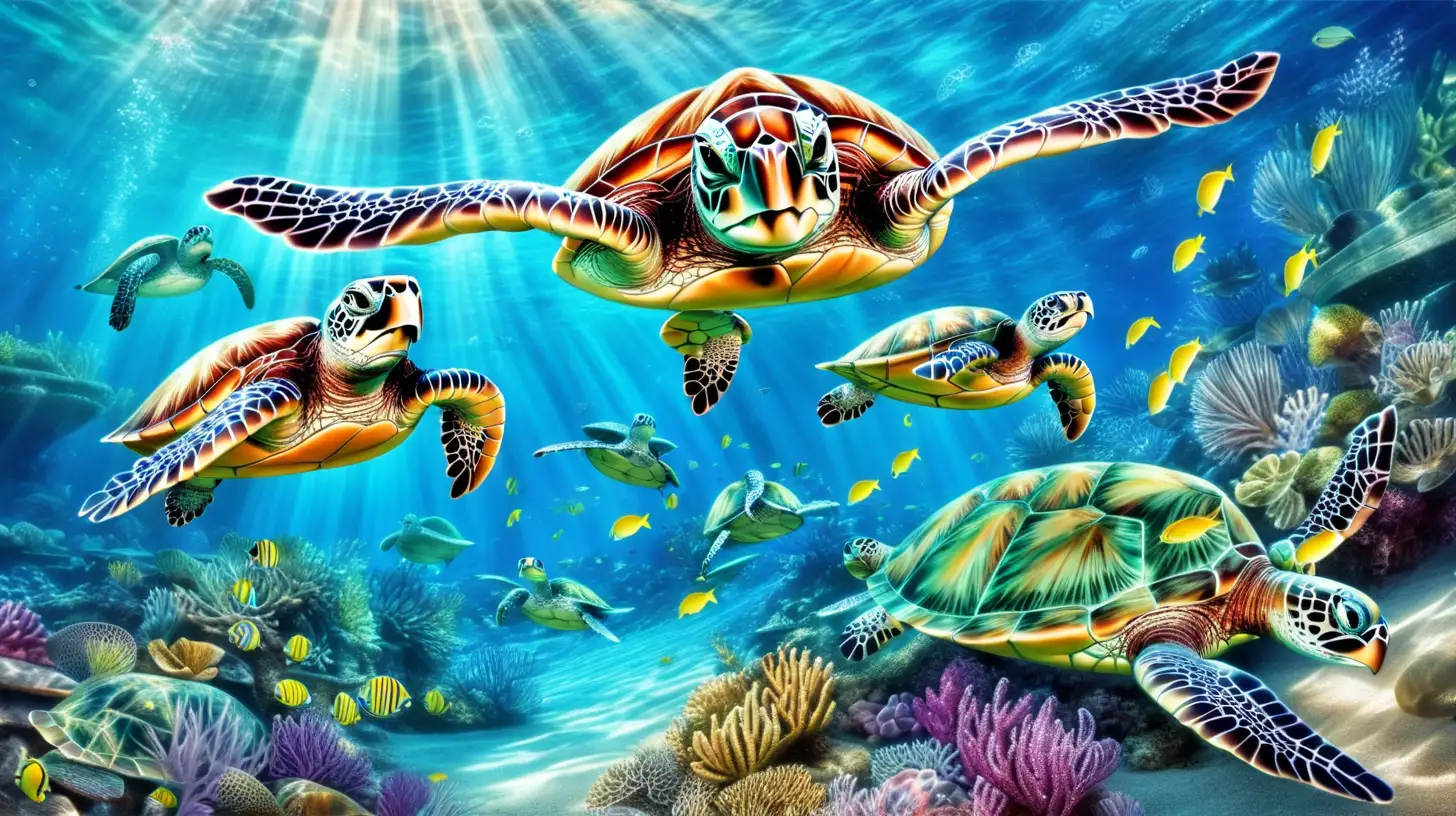 underwater scene, magical, sea turtles