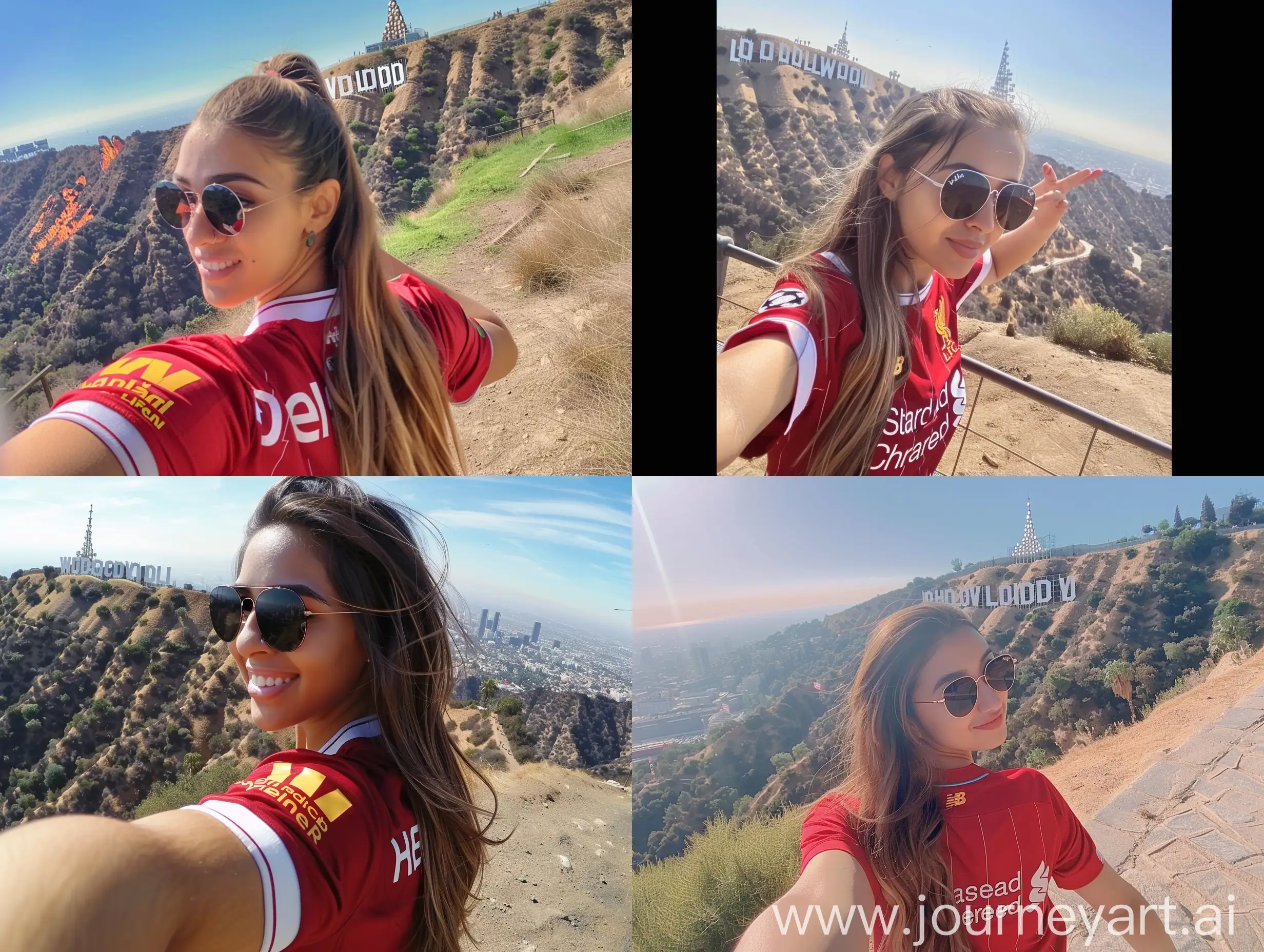 Dela Rostami from behind with long hair, round nose,wearing sunglasses and liverpool fc jersey is taking a selfie inferno of Hollywood sign 