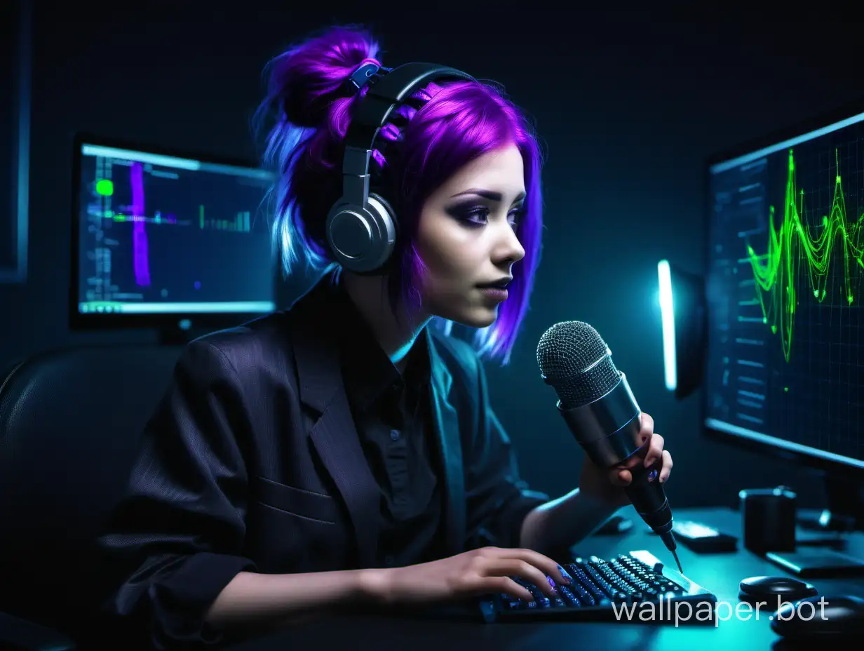 Программист девушка с фиолетовыми волосами, учит AI распозновать голос,  микрофон, окружение темный офис, цвет черный, зелёный, синий