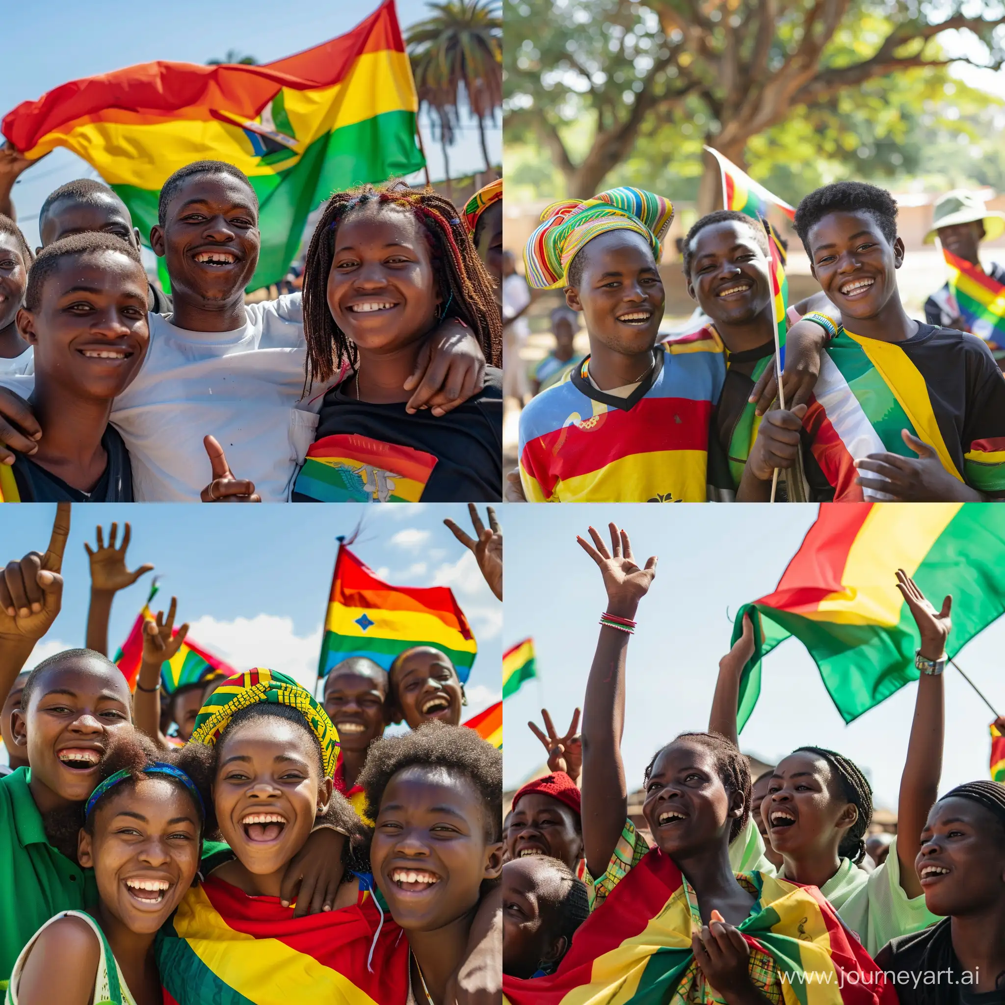 African youths both rural and urban, celebrating success with the theme of Zimbabwean flag. --v 6 --ar 1:1 --no 6692