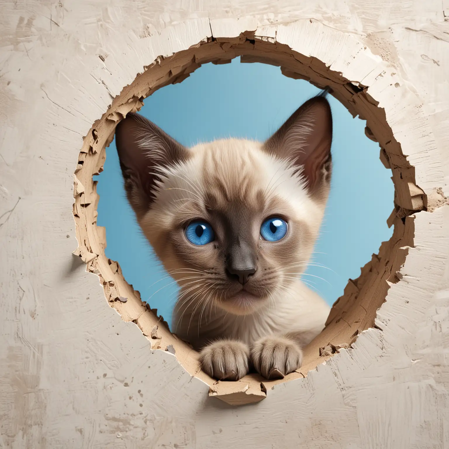 A whimsical 3D render of a playful Siamese kitten peeking out of a hole in a cracked white ceramic wall. The kitten has striking bright blue eyes The cracked wall adds a sense of character and story, while the overall composition creates a delightful and conceptual art piece., conceptual art, 3d render


