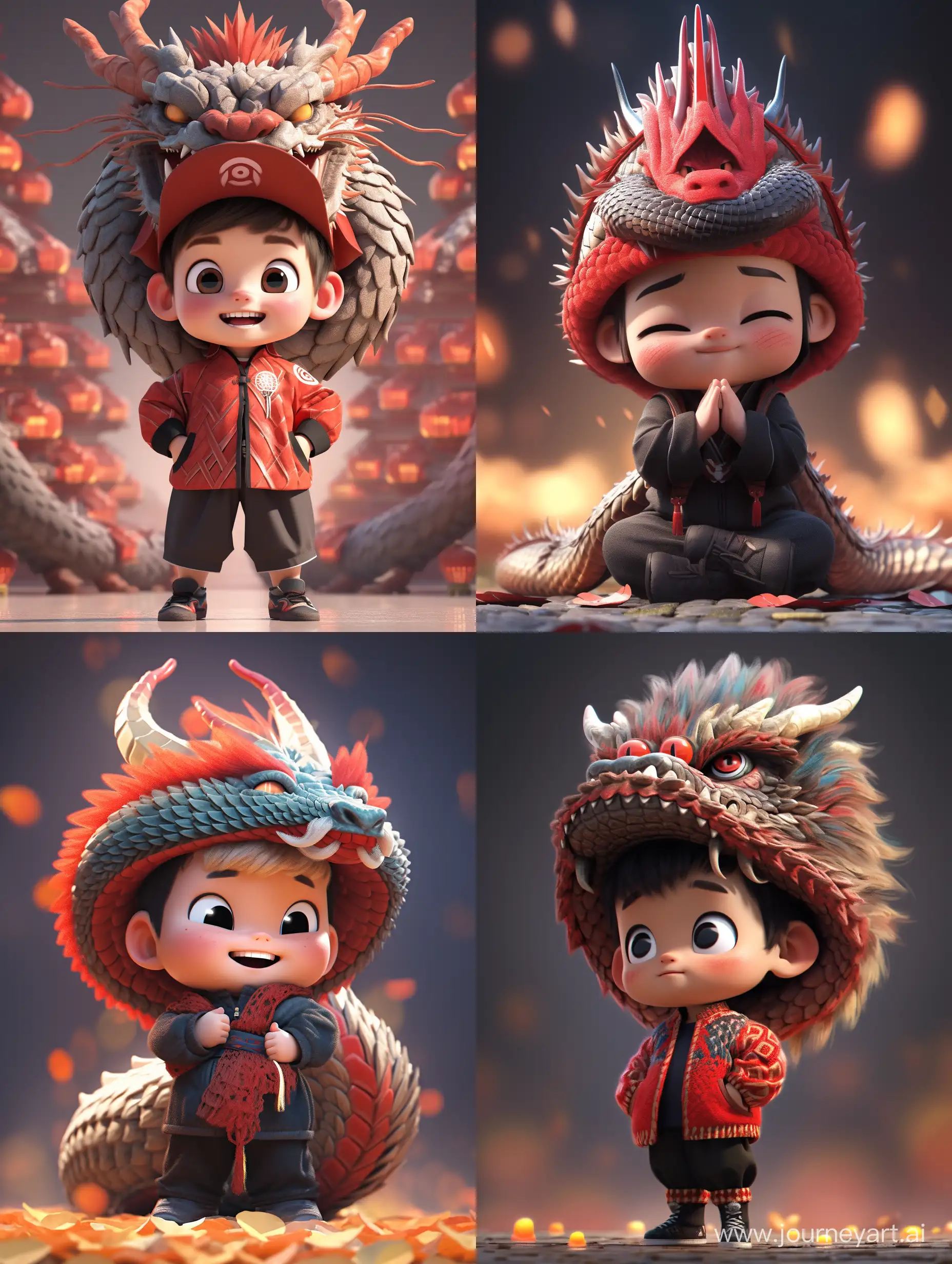 IP design,Pixar style , Popmat style, blind box toy, super cute boy wearing atraditional Chinese dragon dance as a hat, red, happy, standingposture, studio lighting, clean background, 3D rendering, 32K,UHD,superdetail, front view--ar3:4, --s 400 --niji 5