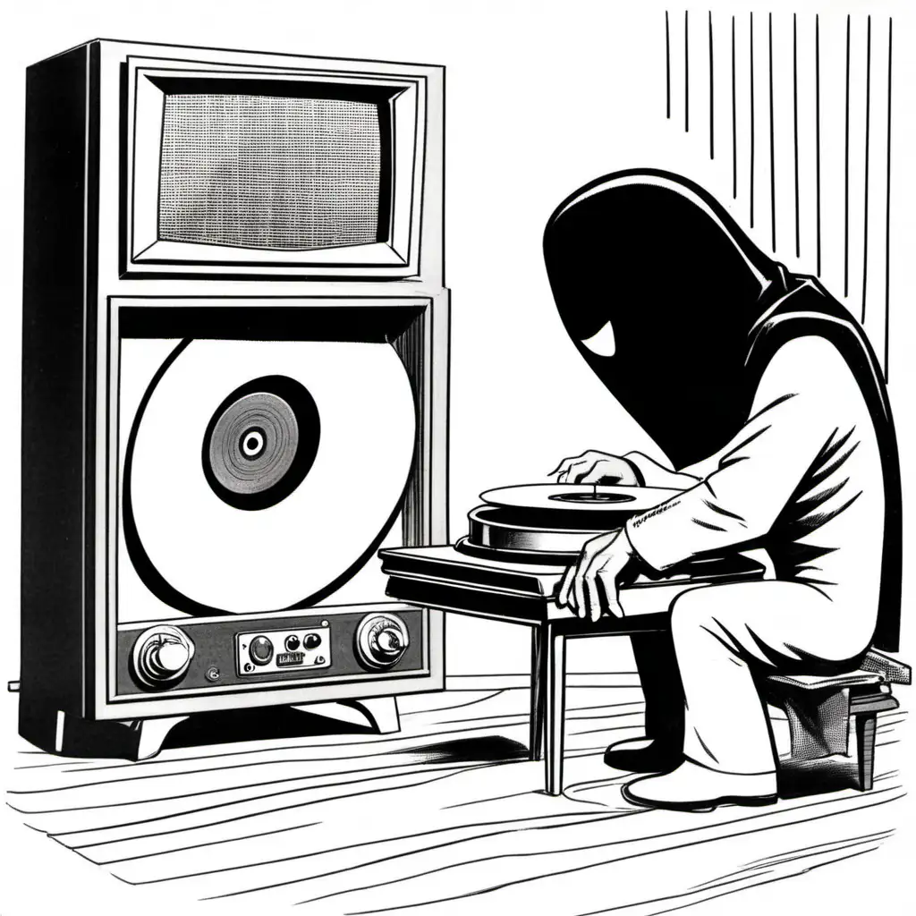saturday morning cartoon in the 1960s, television show showing little phantom cloaked character listening to vinyl record player, hanna barbera style cartoon artwork