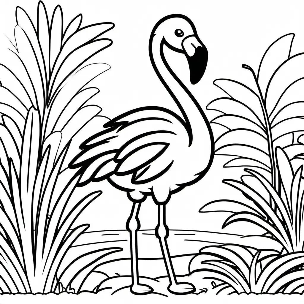 kids colouring page, low detail, no shading, thick lines, cute flamingo, cartoon style, no background,