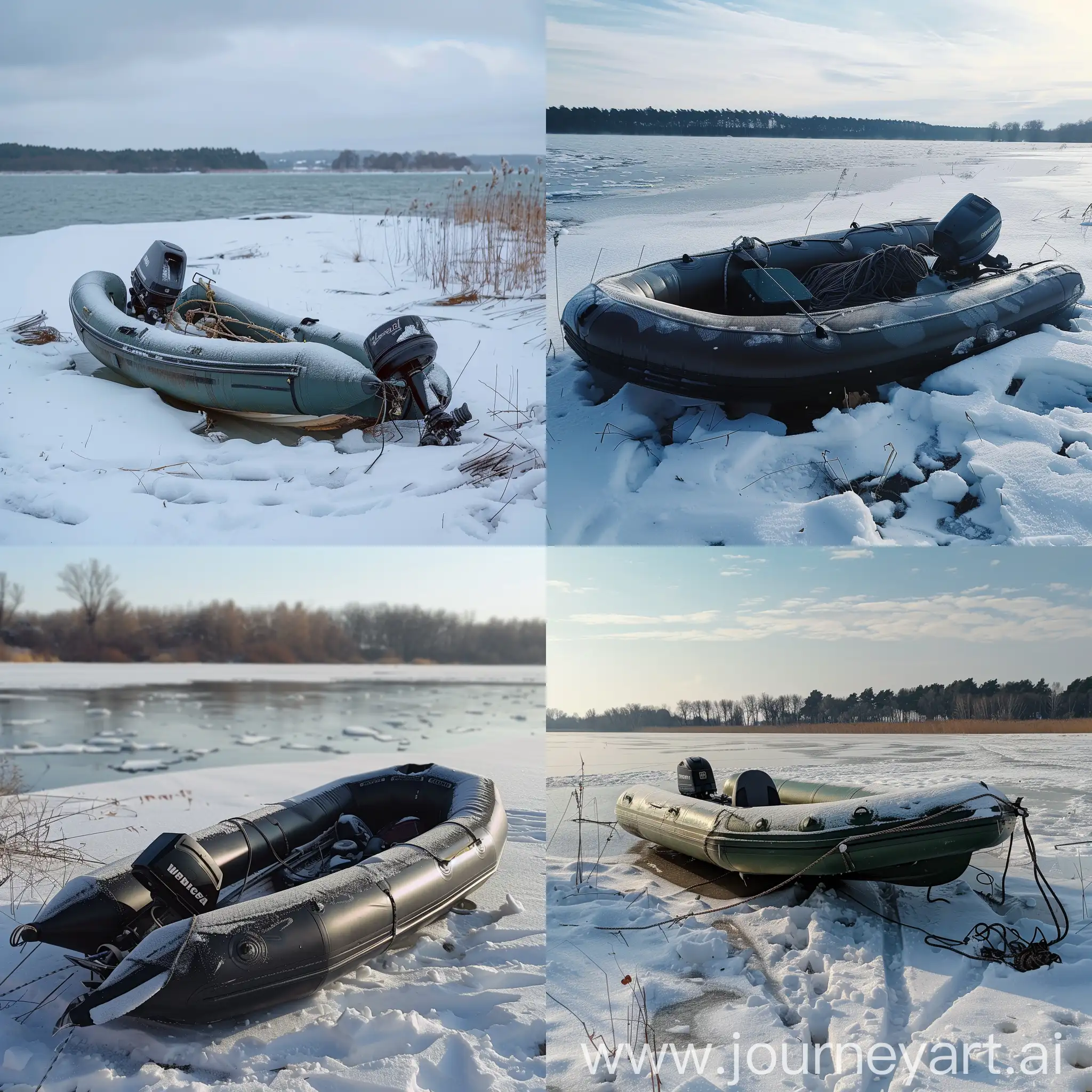 пвх лодка с мотором переворачивается на снежном озере