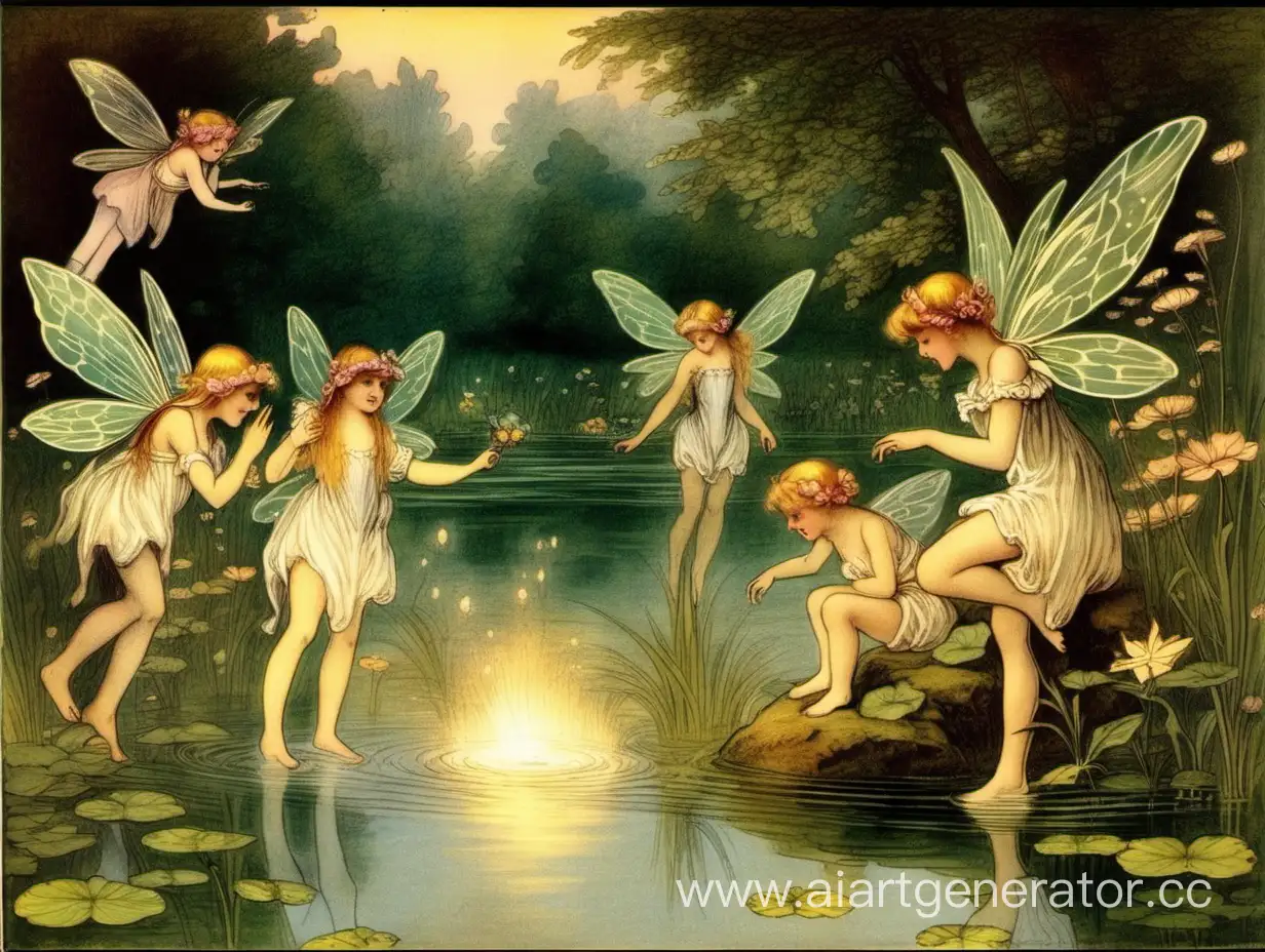 Феи купаются в озере. Викторианская сказочная живопись