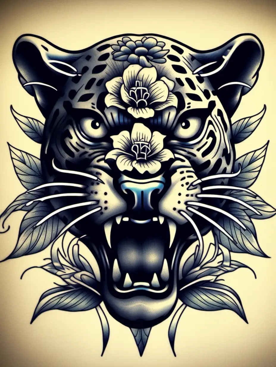 Oldschool Tattoo , Panther Head agressive, oldschool flower