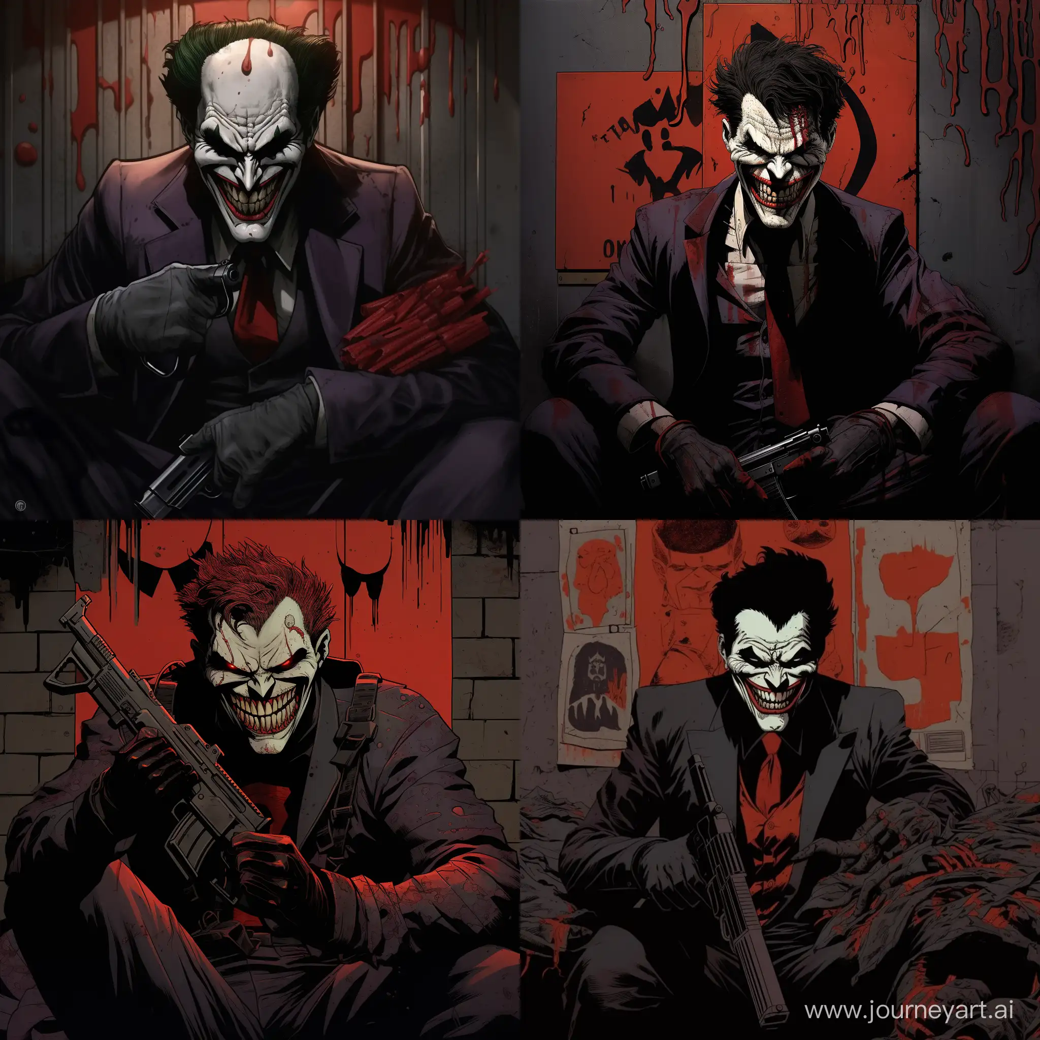 The Joker is sitting with a wall behind him with “3ZF” written on it in red , holding a gun in his hand, his sinister smile hinting at chaos.