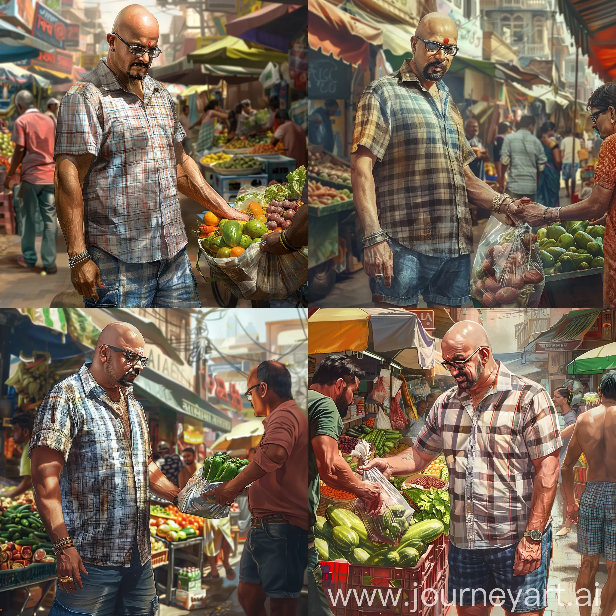 Create a photo-realistic image of a bald Indian man in his mid-30s buying groceries from a vendor in India. The man has a goatee and wears glasses with a steel frame. He is dressed in a checked shirt and jeans shorts. The setting is a bustling market in India, with colorful stalls and vendors in the background. The man appears engaged in conversation with the vendor, who is handing him a bag of fresh produce. The scene captures the vibrant atmosphere of an Indian market with attention to detail in clothing, facial features, and surroundings.