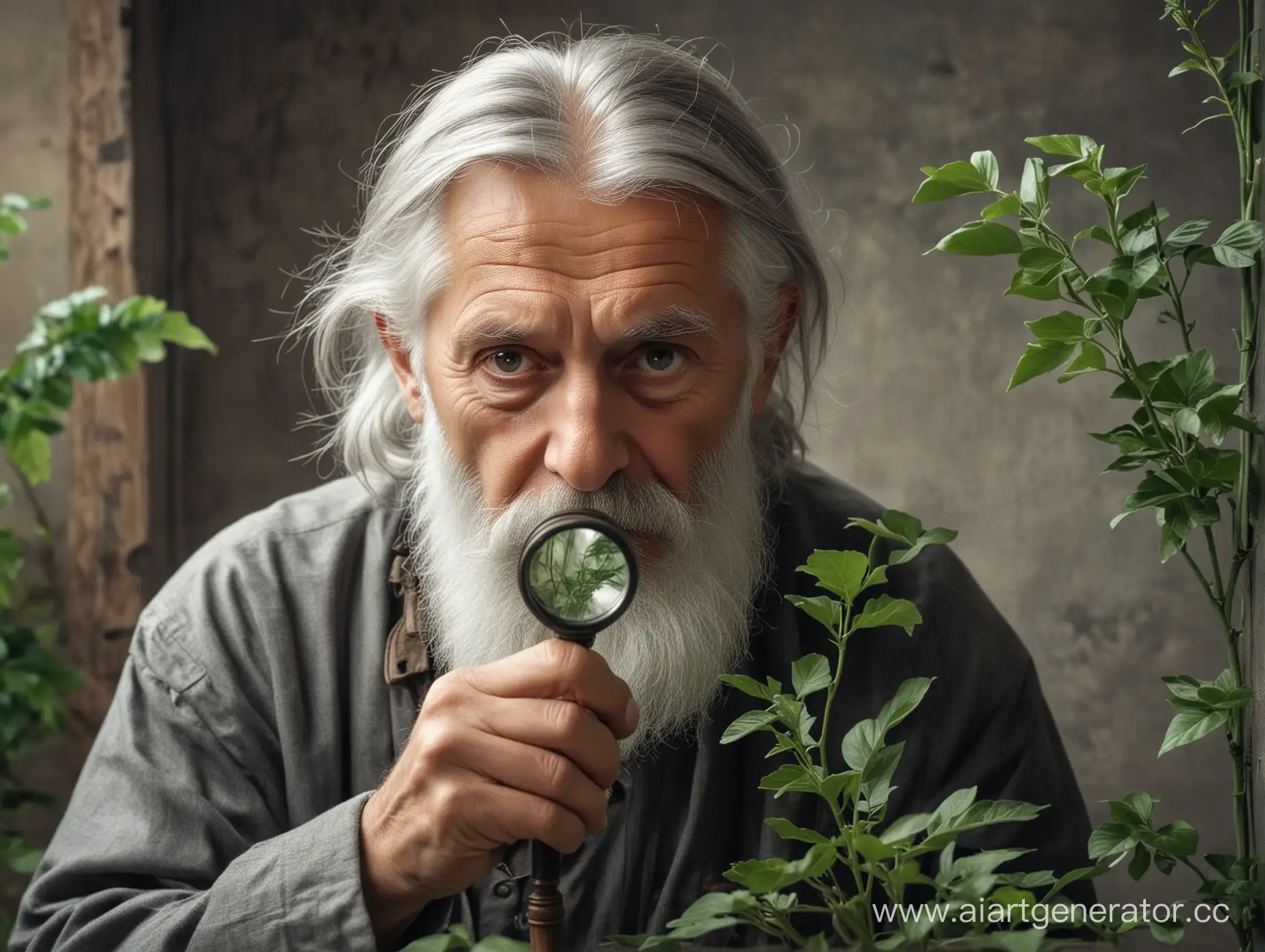 Elderly-Russian-Man-Inspecting-Plant-with-Magnifying-Glass