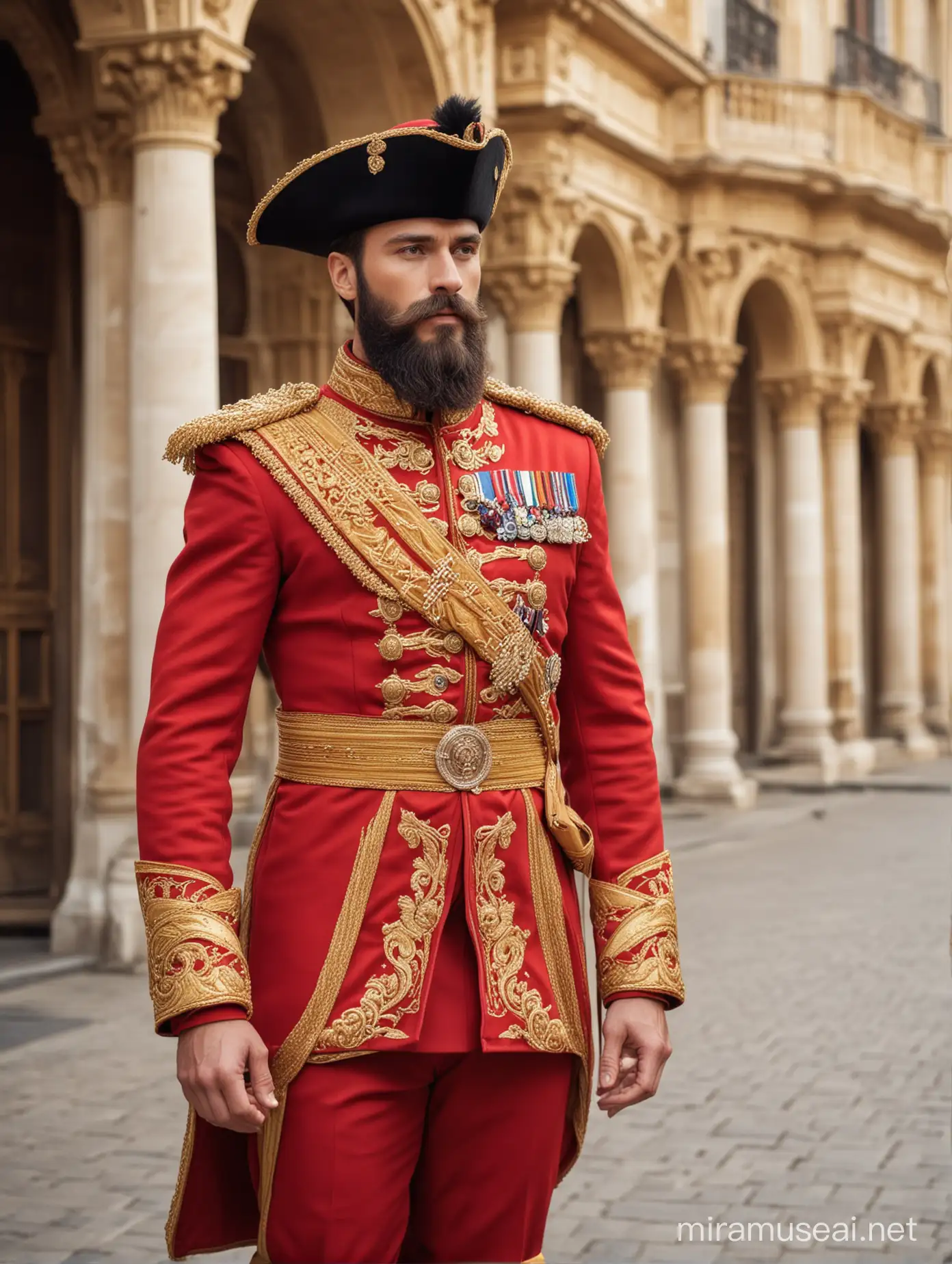 Regal King in Red and Gold Cavalry Suit Outside Palace