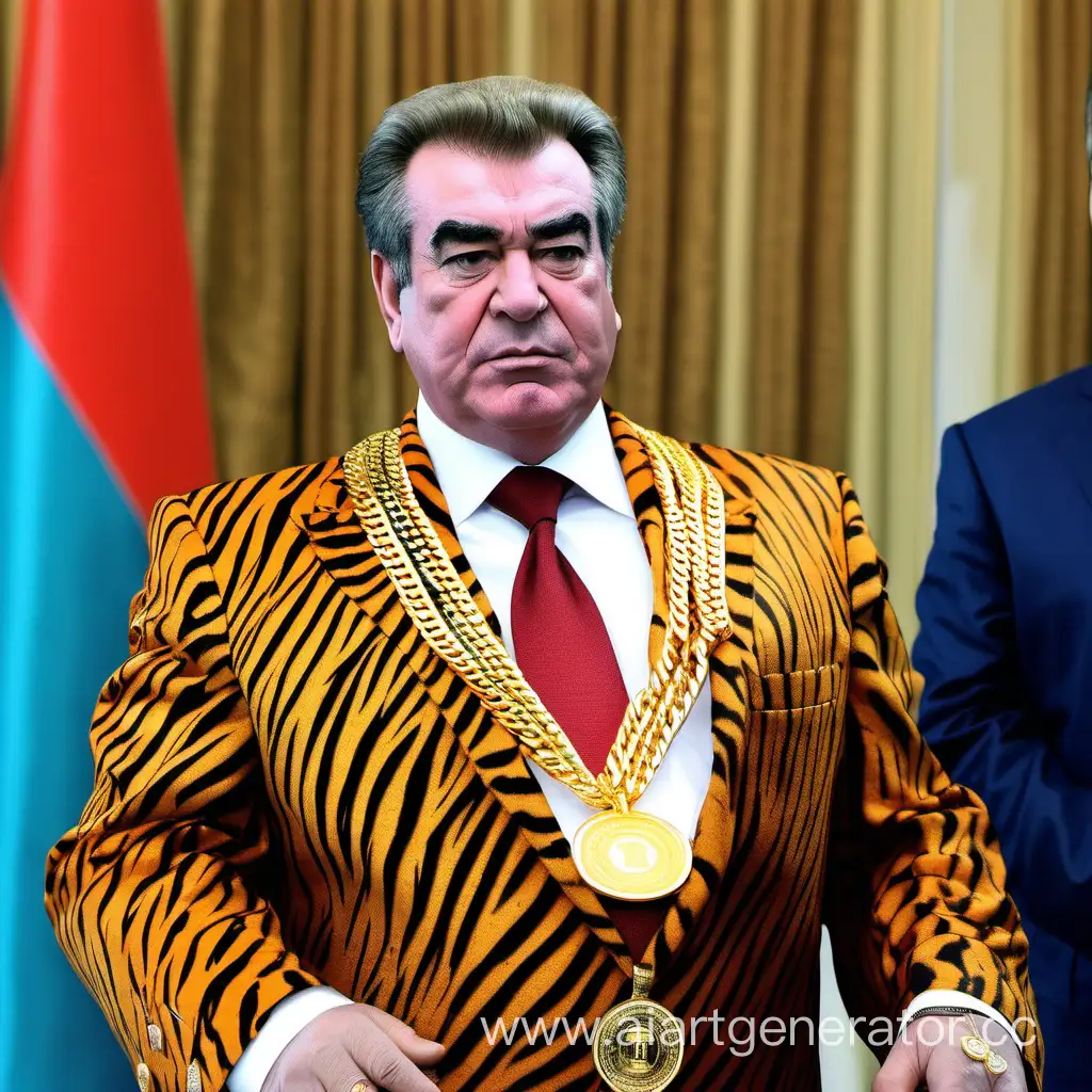 Президент Таджикистана Рахмонов на шея золотая цеп с кулоном доллар в костюме цвета тигр репортёры и журналисты,берут интервью 