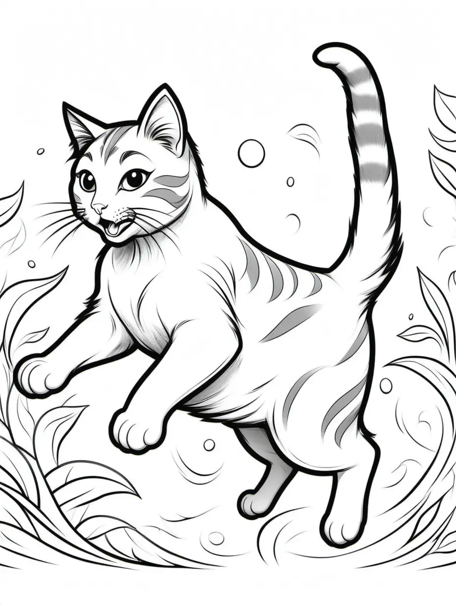 create a colouring page, A cat , mid-pounce, tail in the air, ready to engage in a playful game, low detail, thick lines, black and white, thick lines, white background 