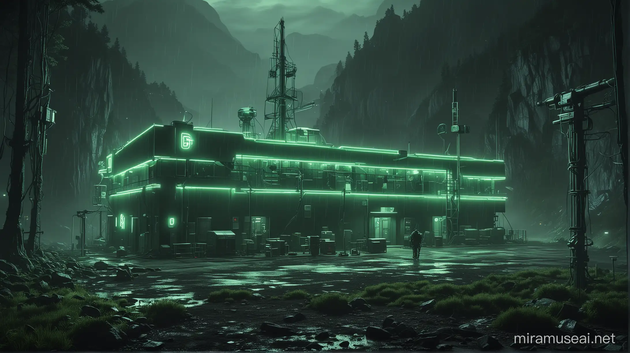 Realistic Research Center in Rain with Green Neon Lights and Workers