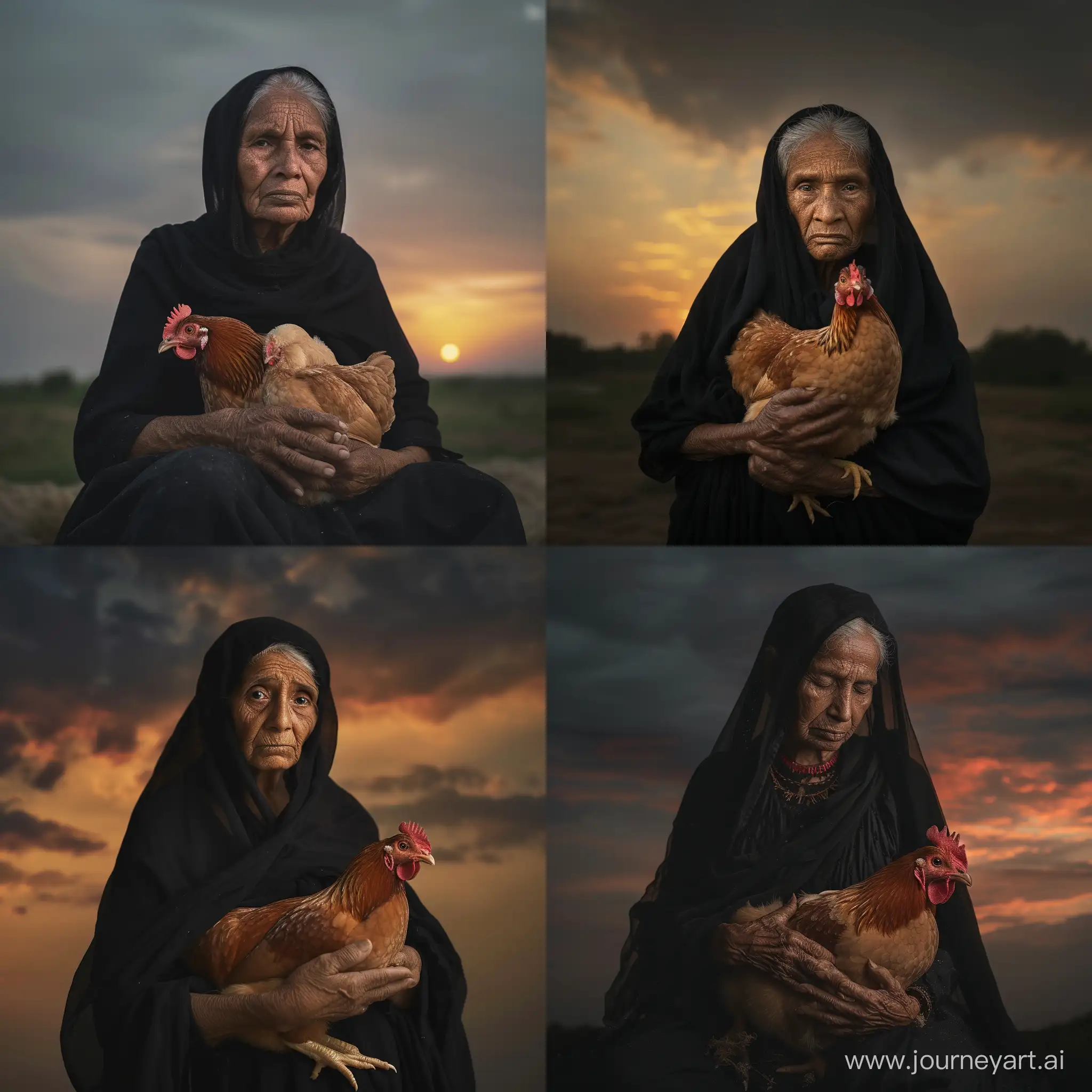 A 90 years india thin old women in black cloting is holding to chickens half body soft ligt en contrast onscharp background  and sunset sky fotorealistisch 59mm fuji xt4  